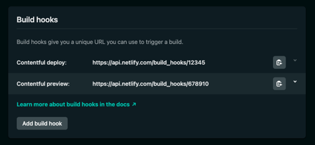A screenshot from Netlify of two build hooks, named Contentful deploy and Contentful preview.
