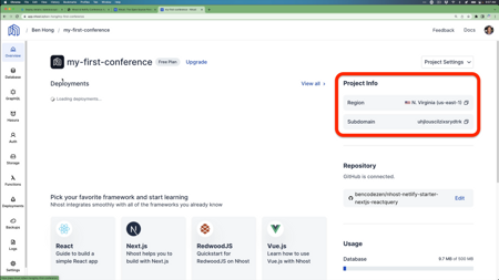 nhost project info screenshot