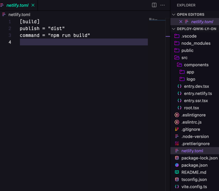 netlify toml file and file structure of Qwik in VSCode