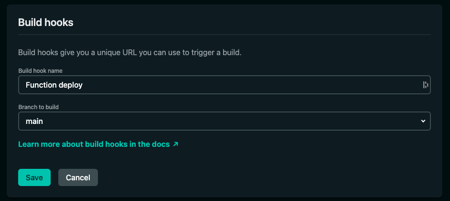 A screenshot showing adding a new build hook named Function deploy