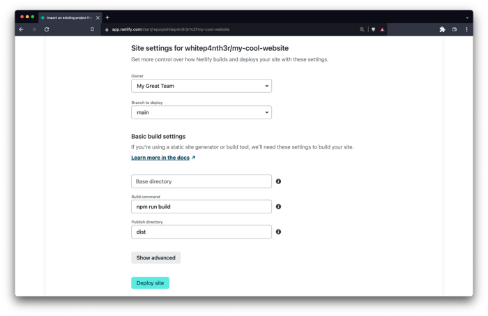 Screenshot of Netlify UI showing build settings including owner, branch to deploy, base directory, build command and publish directory