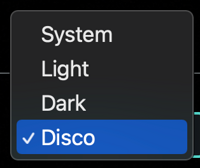 Disco theme selected from list of System, Light, Dark, Disco.