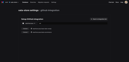 Xata app screen where you connect your database to a GitHub repository