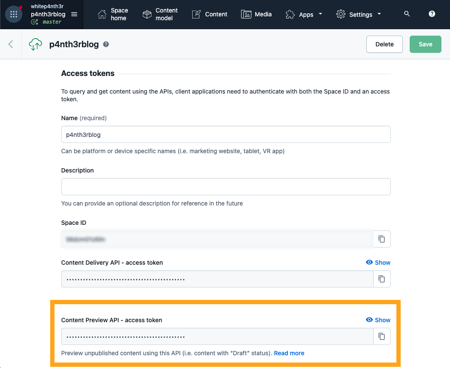 A screenshot from the Contentful Settings, API Keys area, showing the obfuscated preview token highlighted with a yellow rectangle.