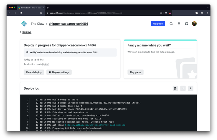 Screenshot showing the deploy log UI screen where the main message is that Netlify’s robots are busy building and deploying your site to our CDN