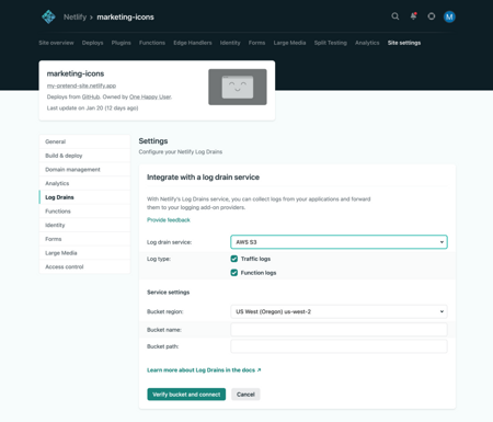 Log Drains under Site Settings in the Netlify UI