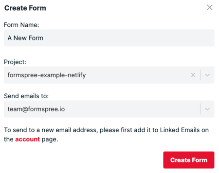 Form dialogue box for Formspree creation