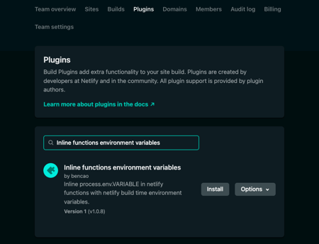 A screenshot of the Netlify UI showing the inline functions environment variables in the plugin list