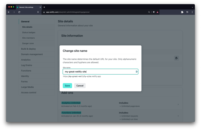 Screenshot of the site details area of the Netlify UI showing the site is being renamed in a popup modal to my-great-netlify-site