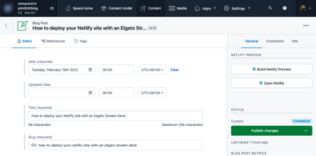 A screenshot of the Contentful entry editor, showing the Netlify preview app in the sidebar which comprises two buttons. The top button is labelled Build Netlify Preview and the bottom button is labeled Open Netlify.