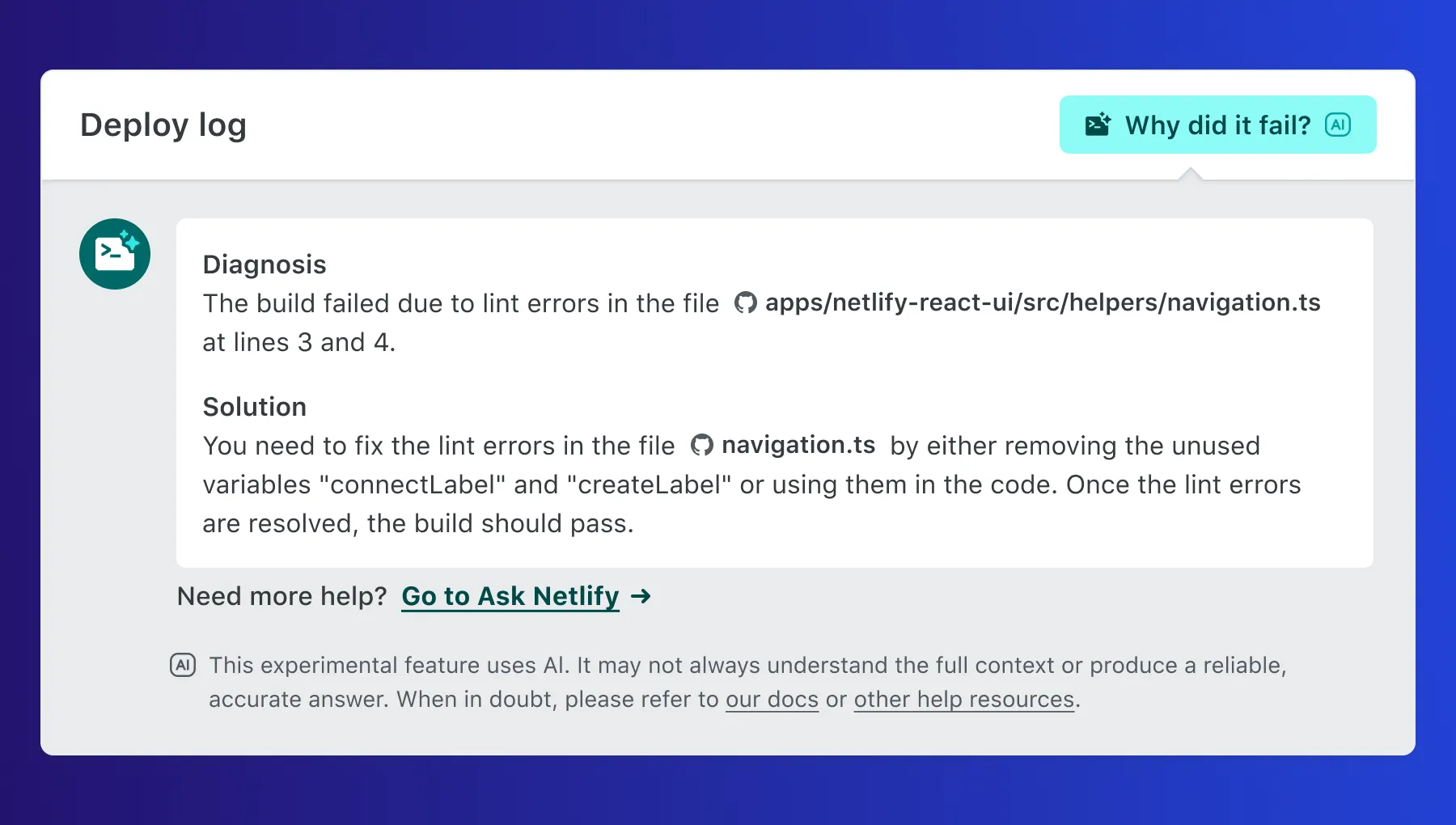 Image showcasing what a deploy diagnosis looks like through AI feature