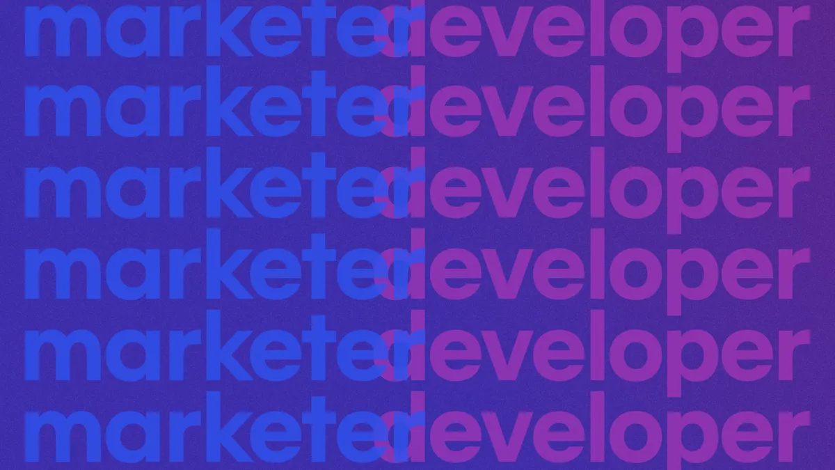 Abstract image of the words "marketer" and "developer" bridging the gap between developer-marketer collaboration