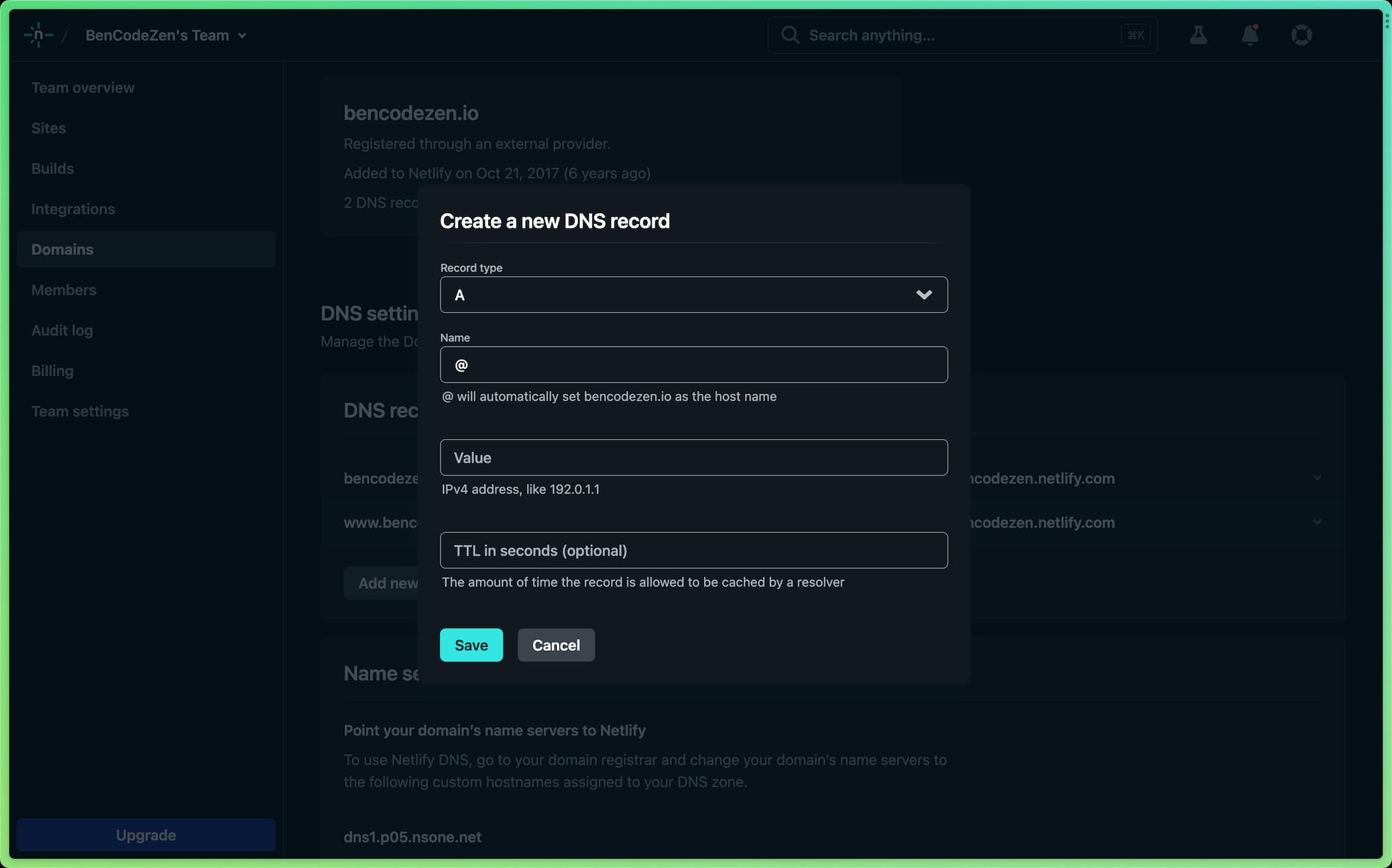 Screenshot of Netlify dashboard that shows the new DNS record form