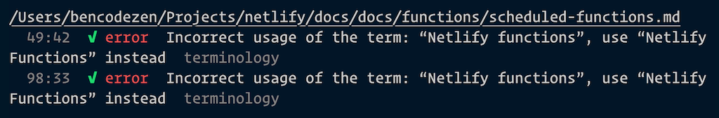 Screenshot of how TextLint can alert when terminology is cased incorrectly