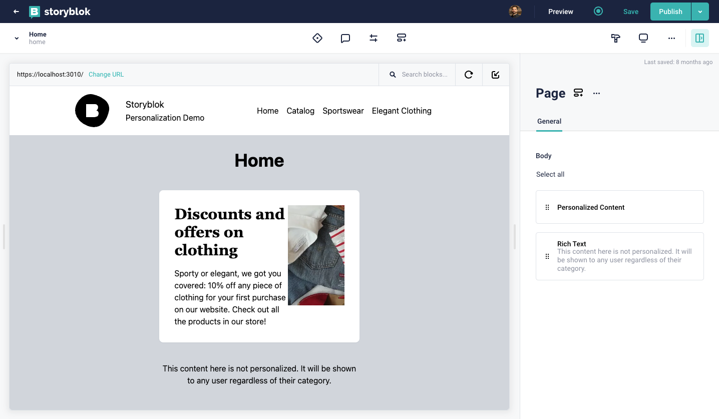 Storyblok’s Visual Editor UI showing the home page