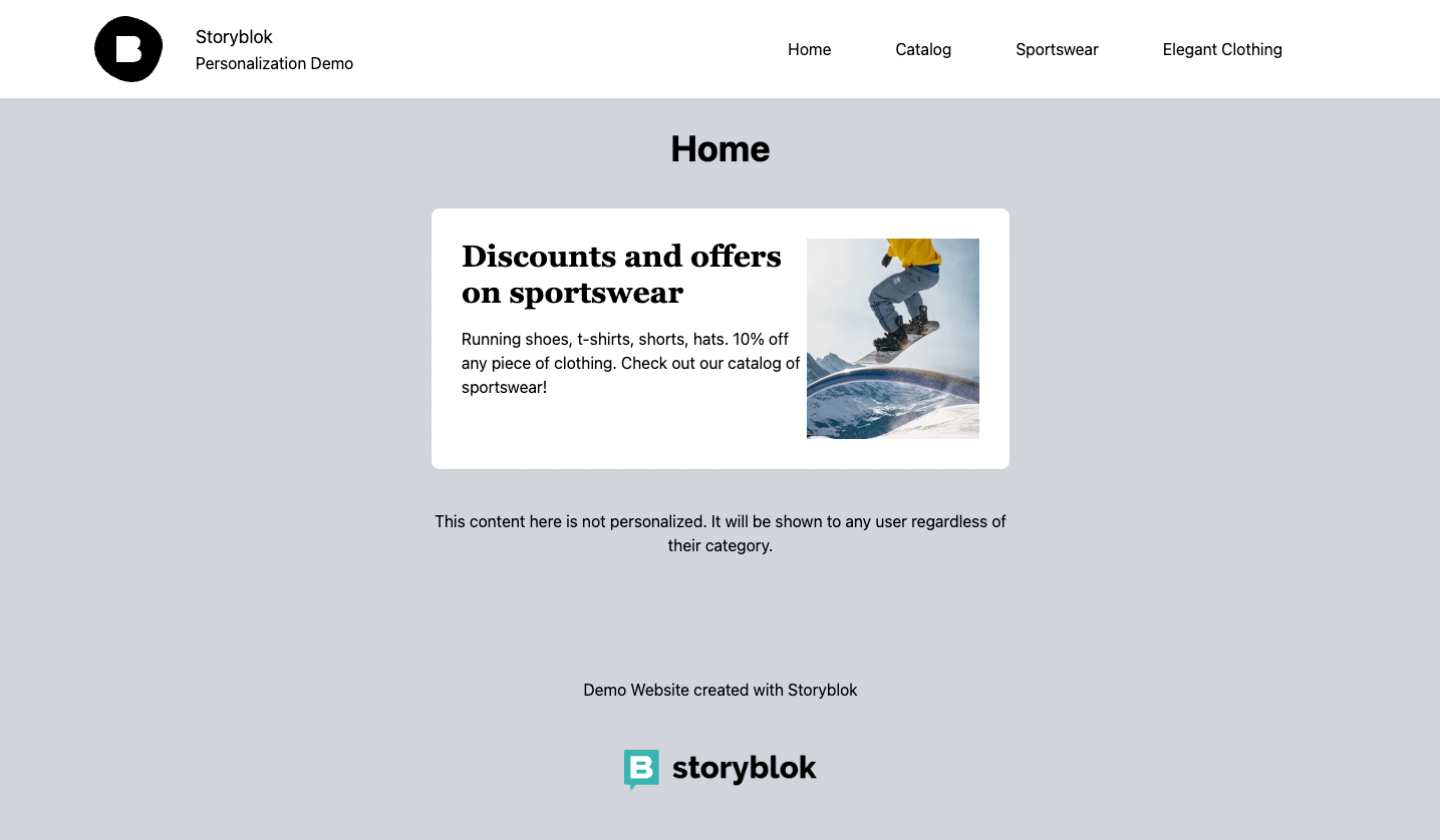 Demo website’s home page showing a banner at the top in a personalized state, displaying tailored offers