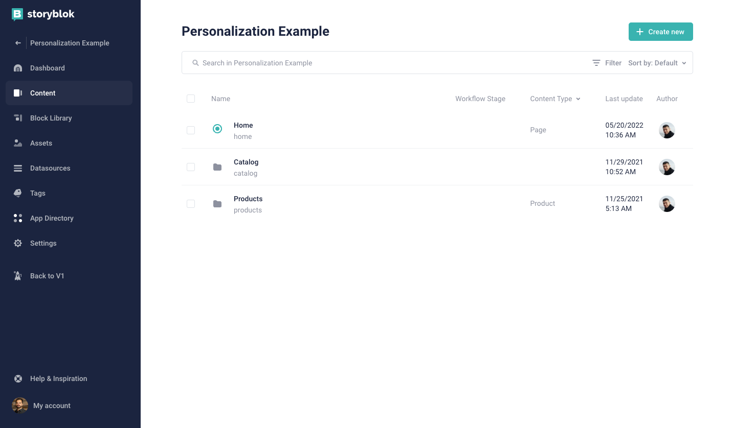 Storyblok UI showing templates called Content Types for the all the different types of content entities that we will manage