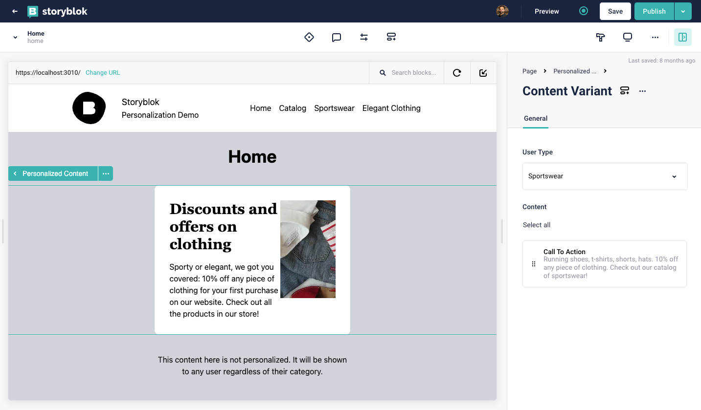 Storyblok’s Visual Editor UI showing the “Content Variant” components with a “User Type” property