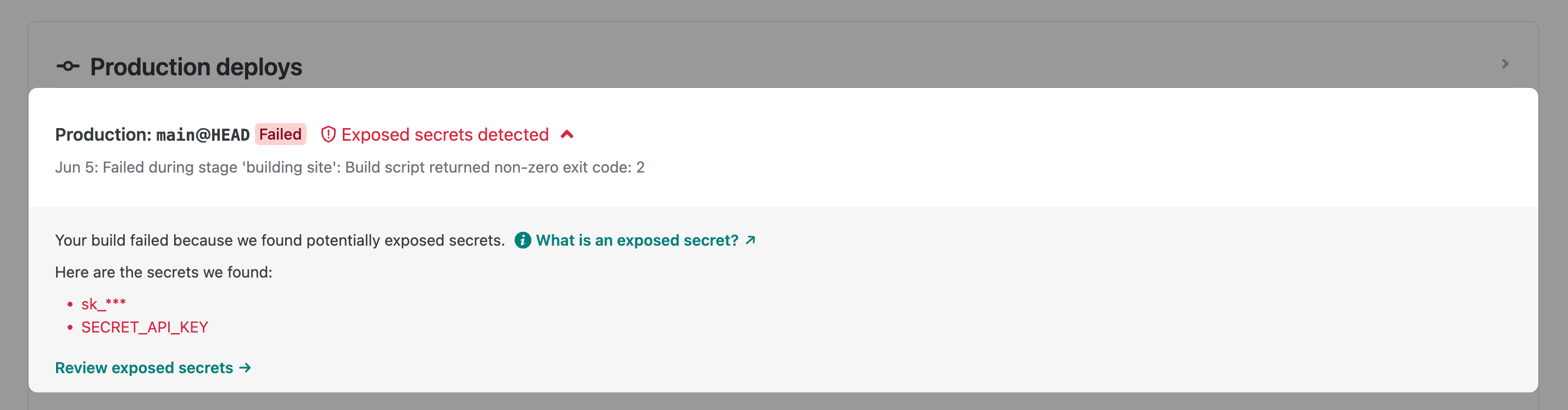 Secret scanning detects a secret in a build