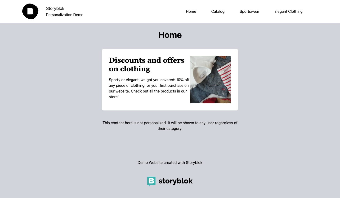 Demo website’s home page showing a banner at the top in its initial state, displaying generic content