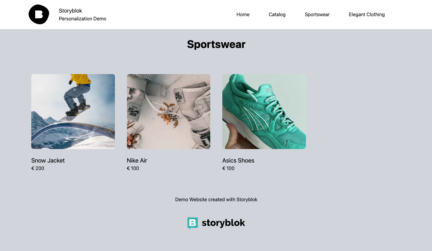Demo website’s Sportswear product catalog page