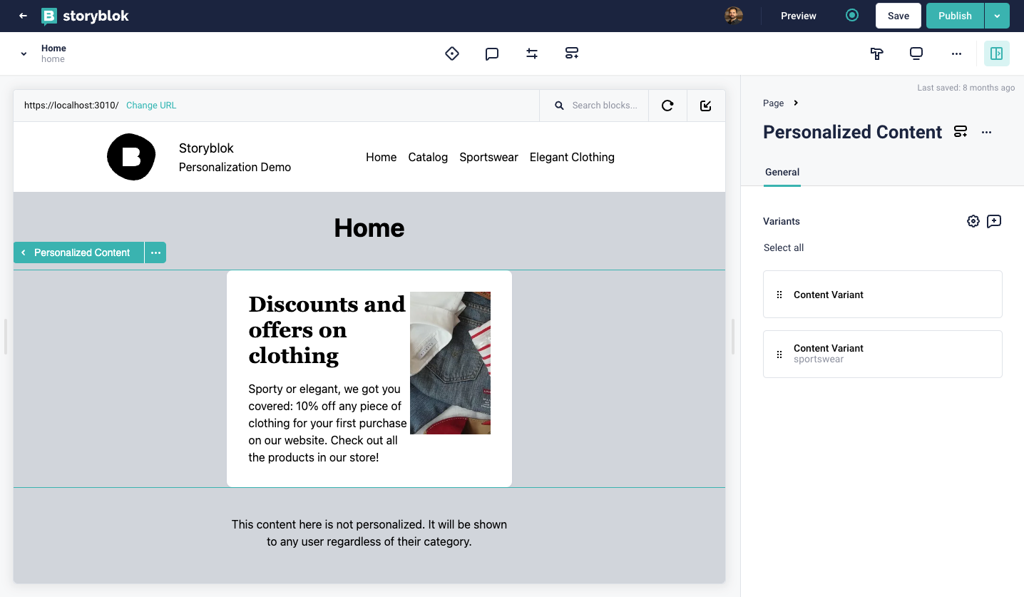 Storyblok’s Visual Editor UI showing the home page and “Personalized Content” block with variants for personalization