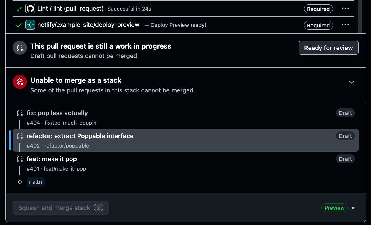 A GitHub stacked pull request showing a successful Netlify Deploy Preview check