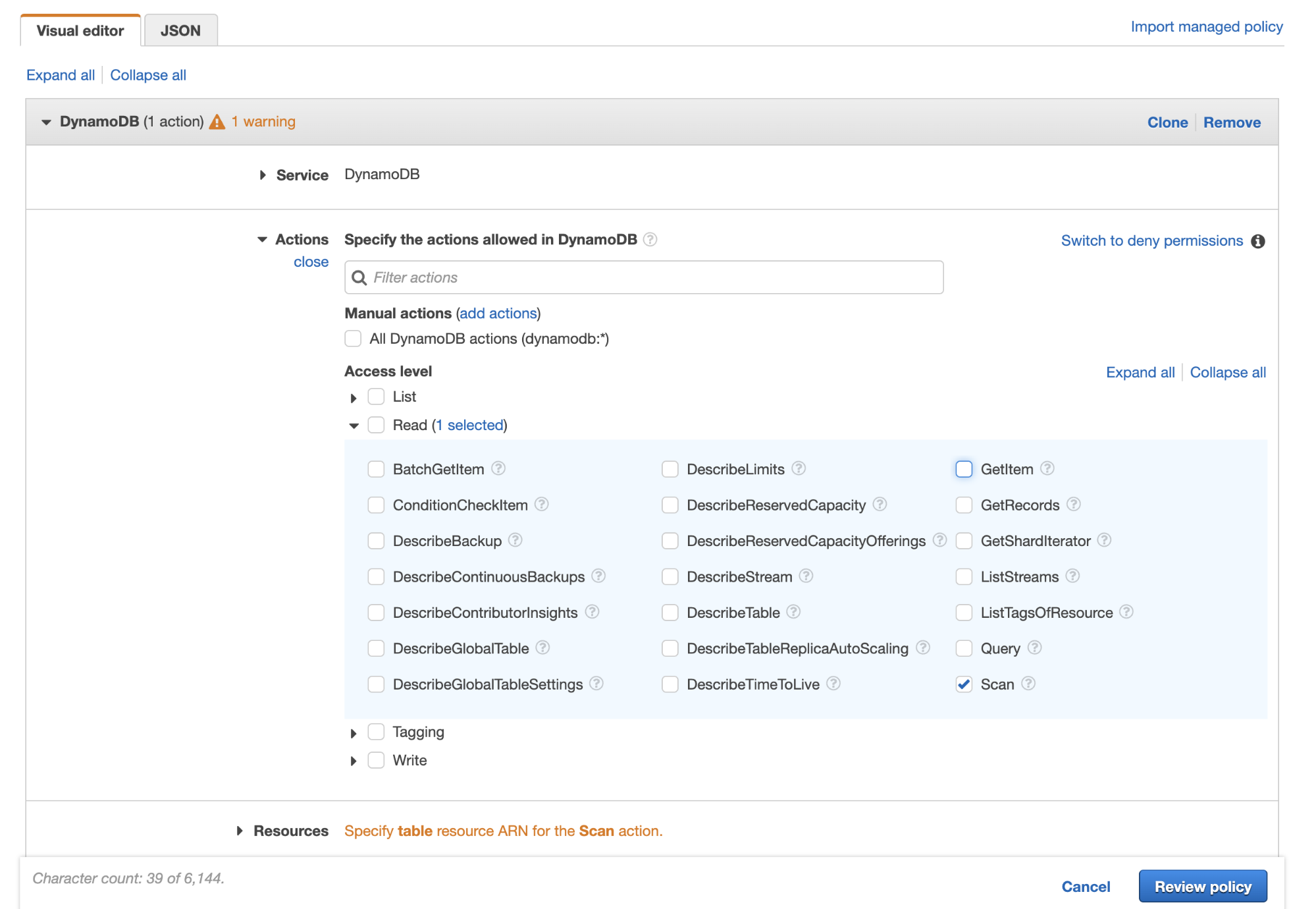 Identity and Access Management (IAM) access level role screen