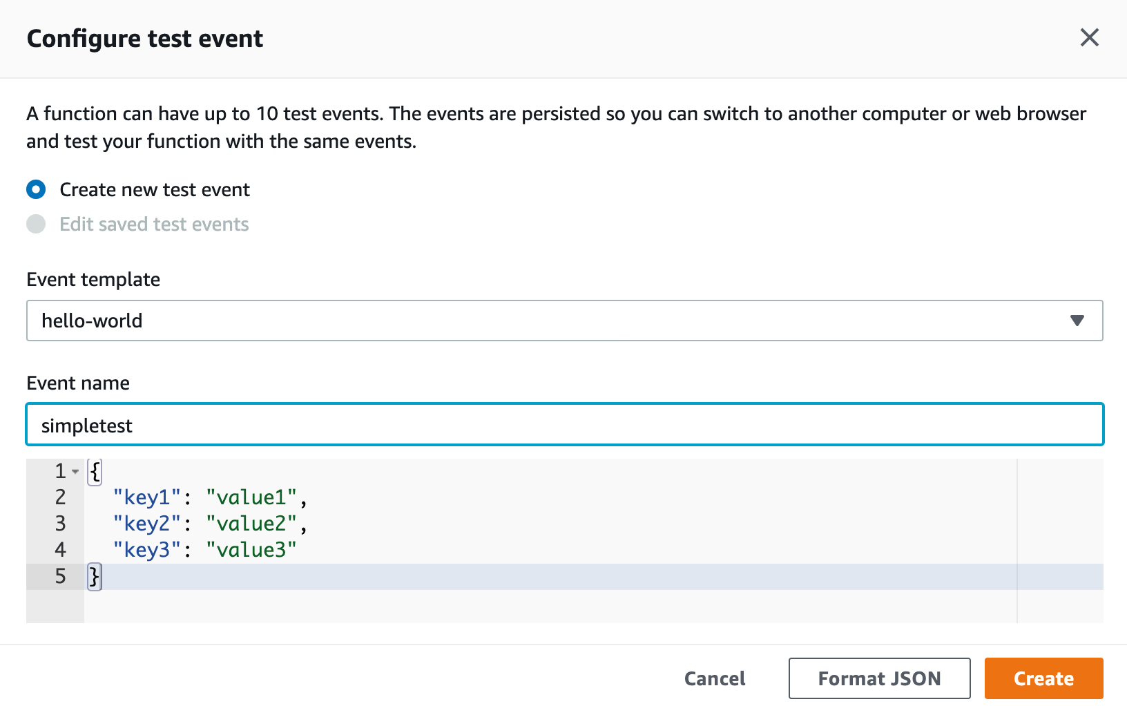 AWS Lambda function configure test event screen