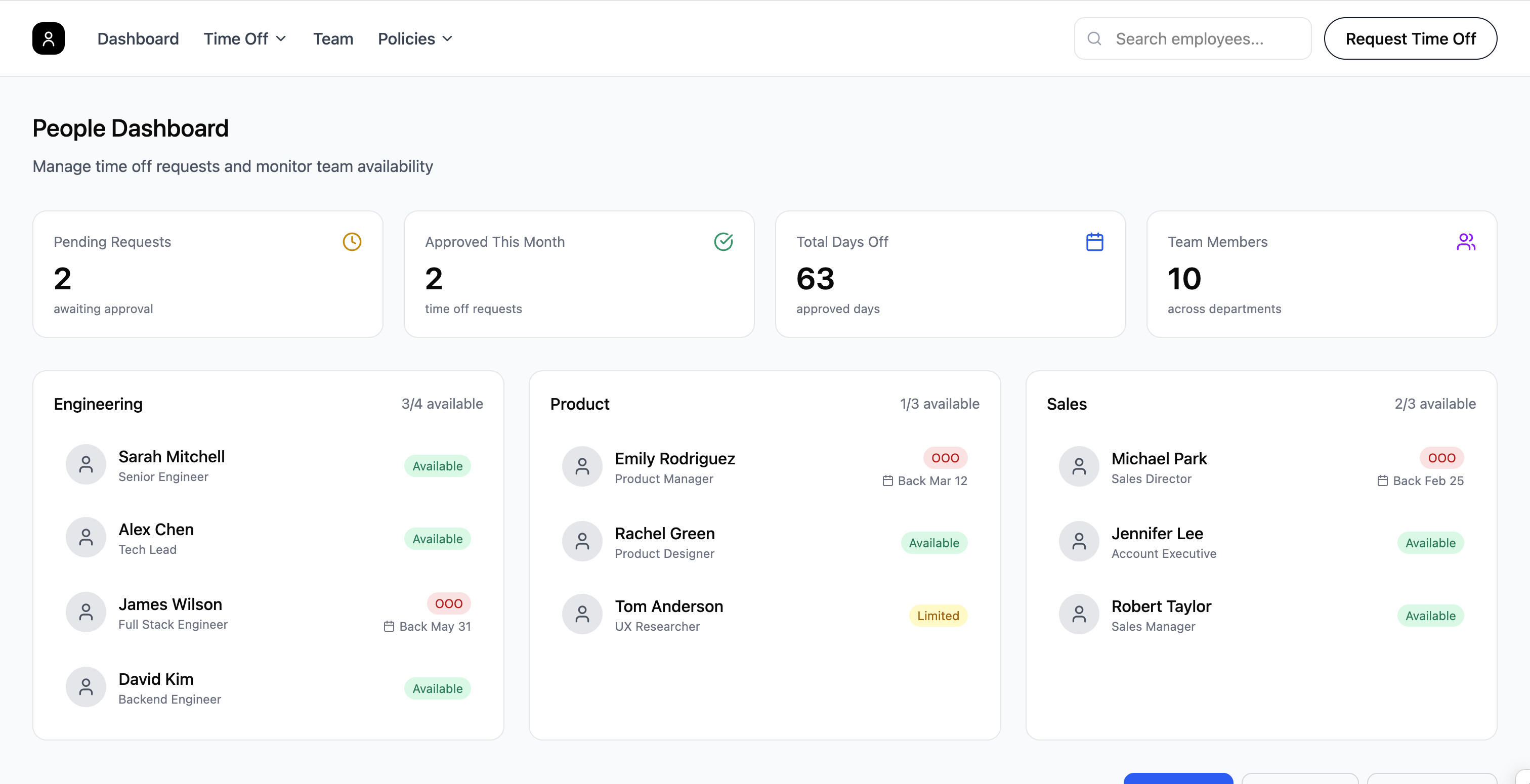 People dashboard with time off requests and team availability