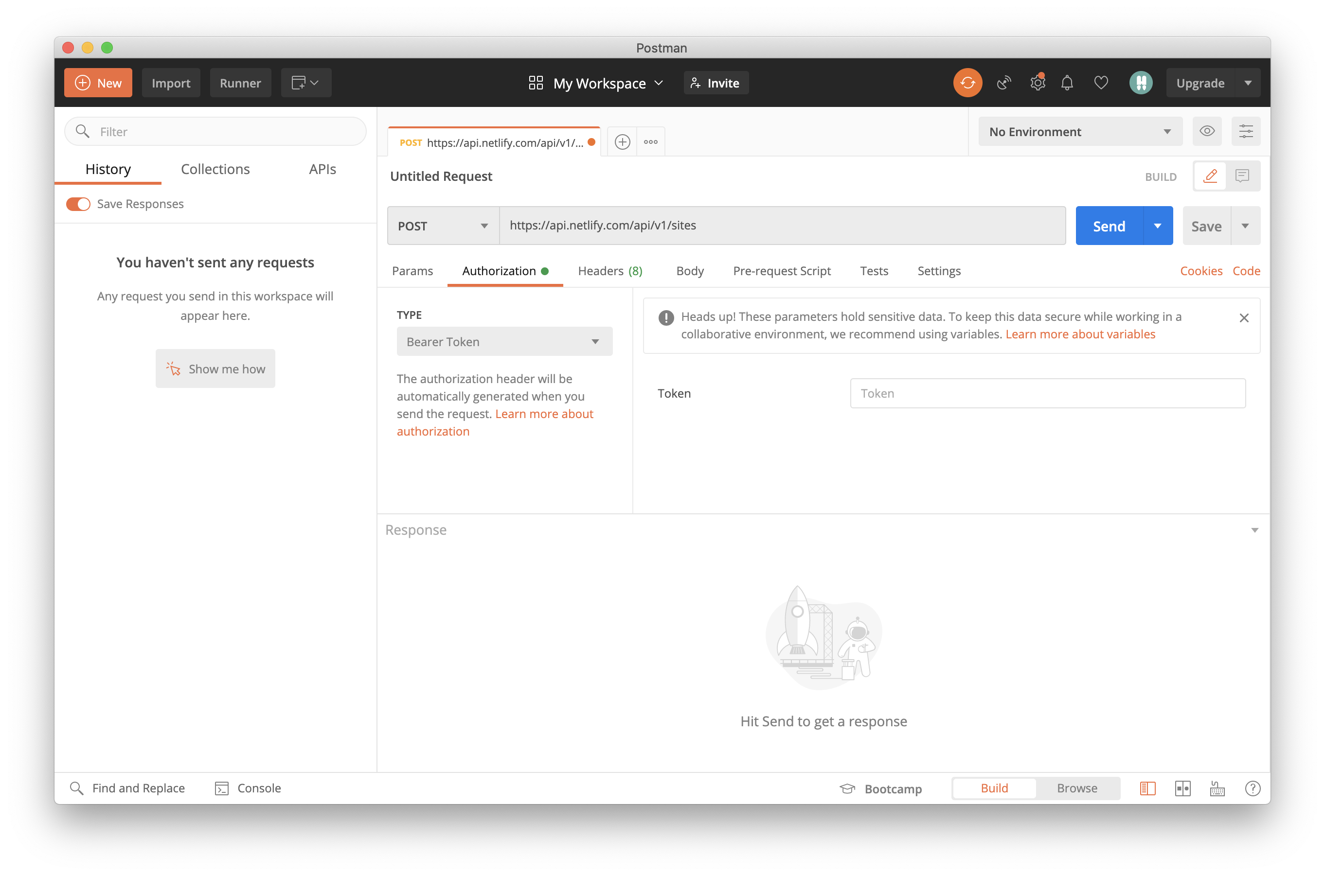 Screenshot of a new request in Postman, with "Authorization" tab highlighted and "Bearer token" selected from the type menu