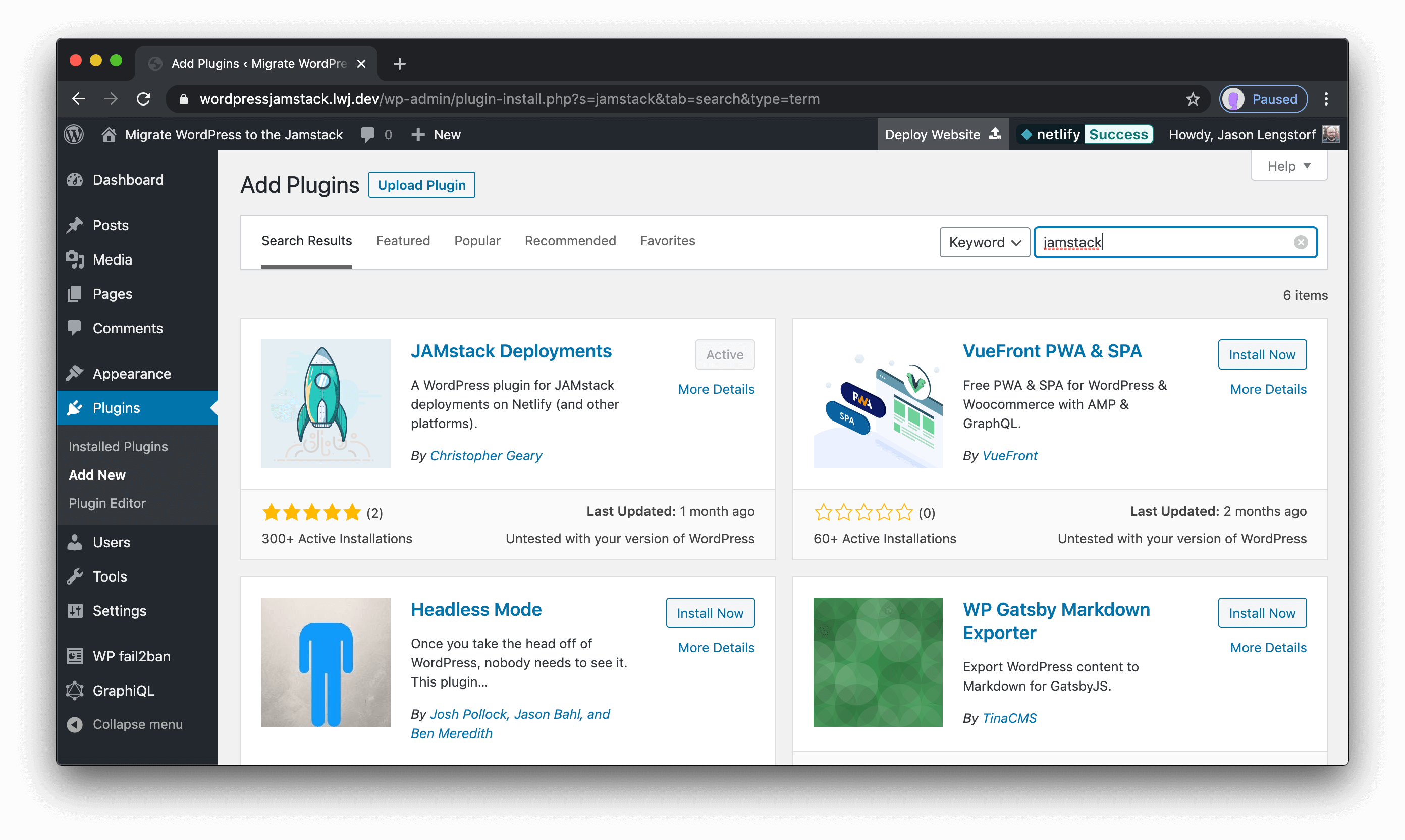 The JAMstack Deployments plugin in the “Add Plugins” UI in WordPress.