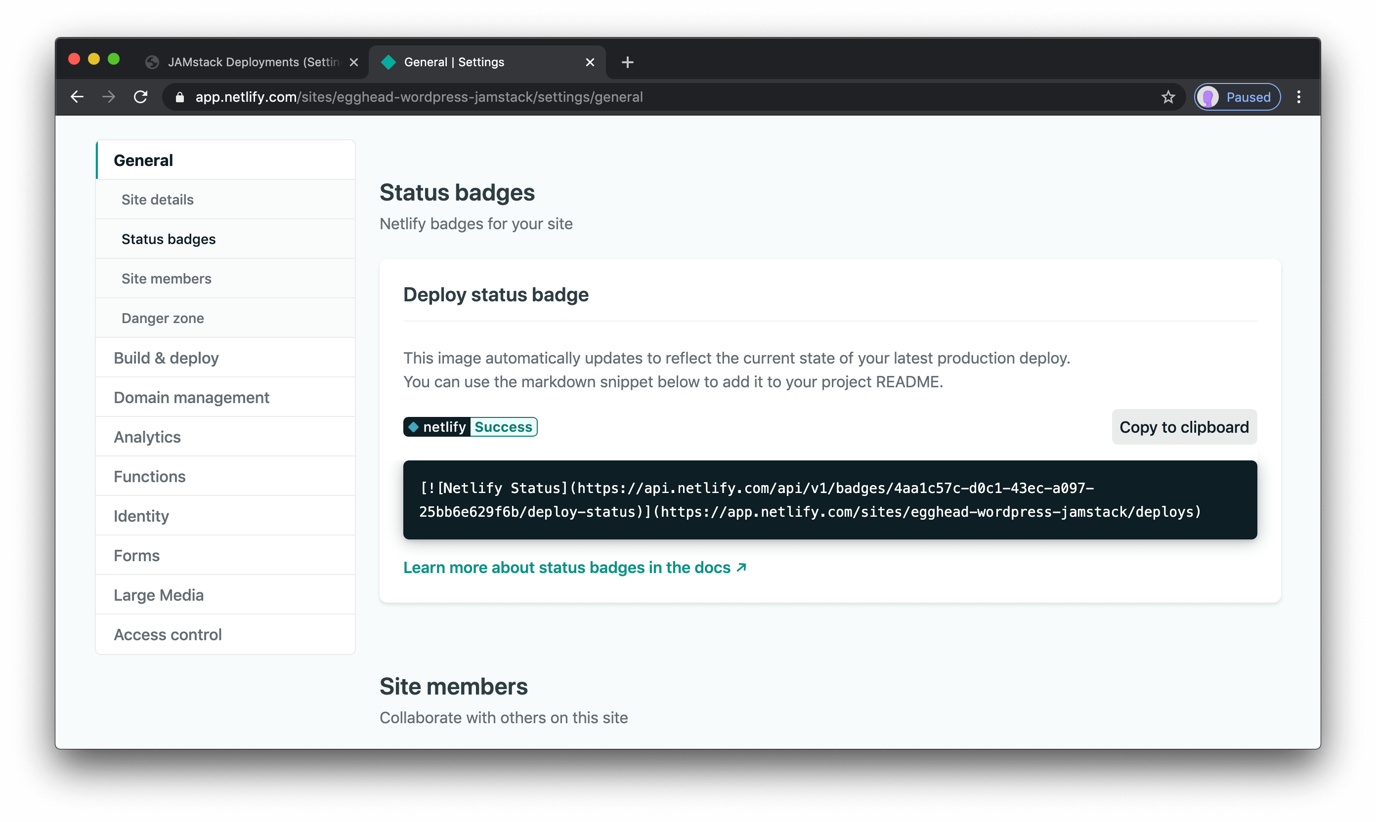 The status badge section of the Netlify settings.