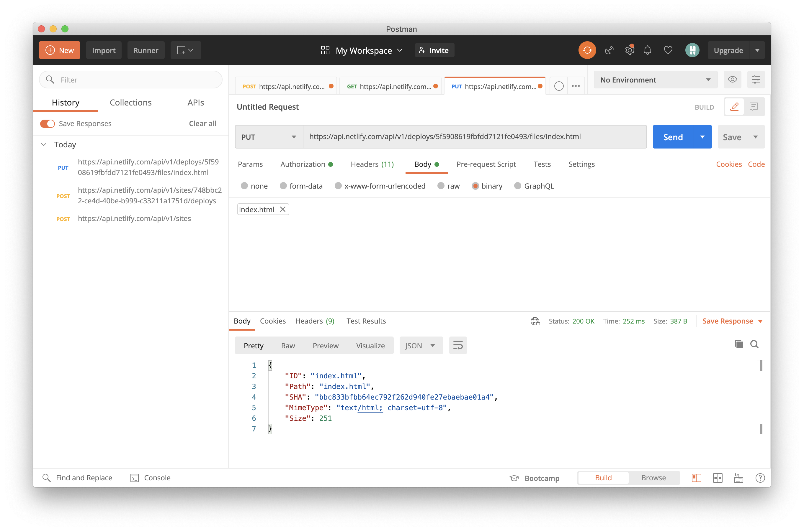 Postman showing response to PUT request, which shows the file's ID, path, SHA, mime-type, and size