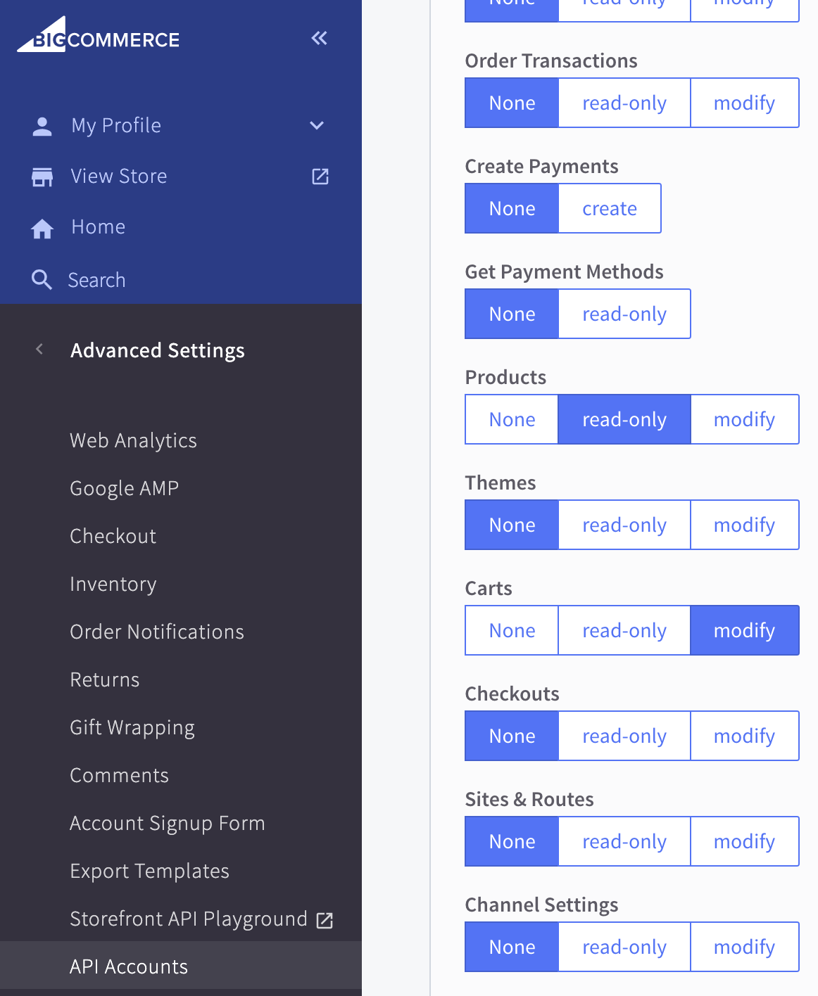 bigcommerce dashboard api scopes