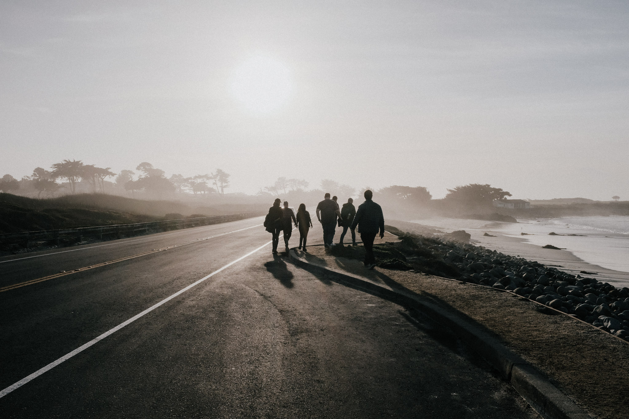 a group of people walking away from the camera on a seafront road