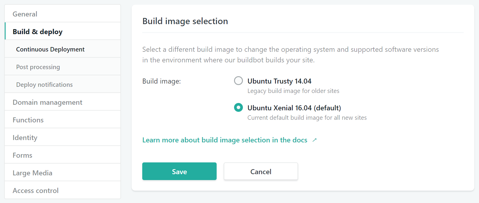Build image selection settings UI at Settings > Build & deploy > Continuous deployment