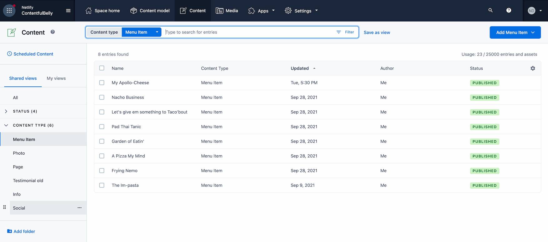 A view of the content in Contentful CMS