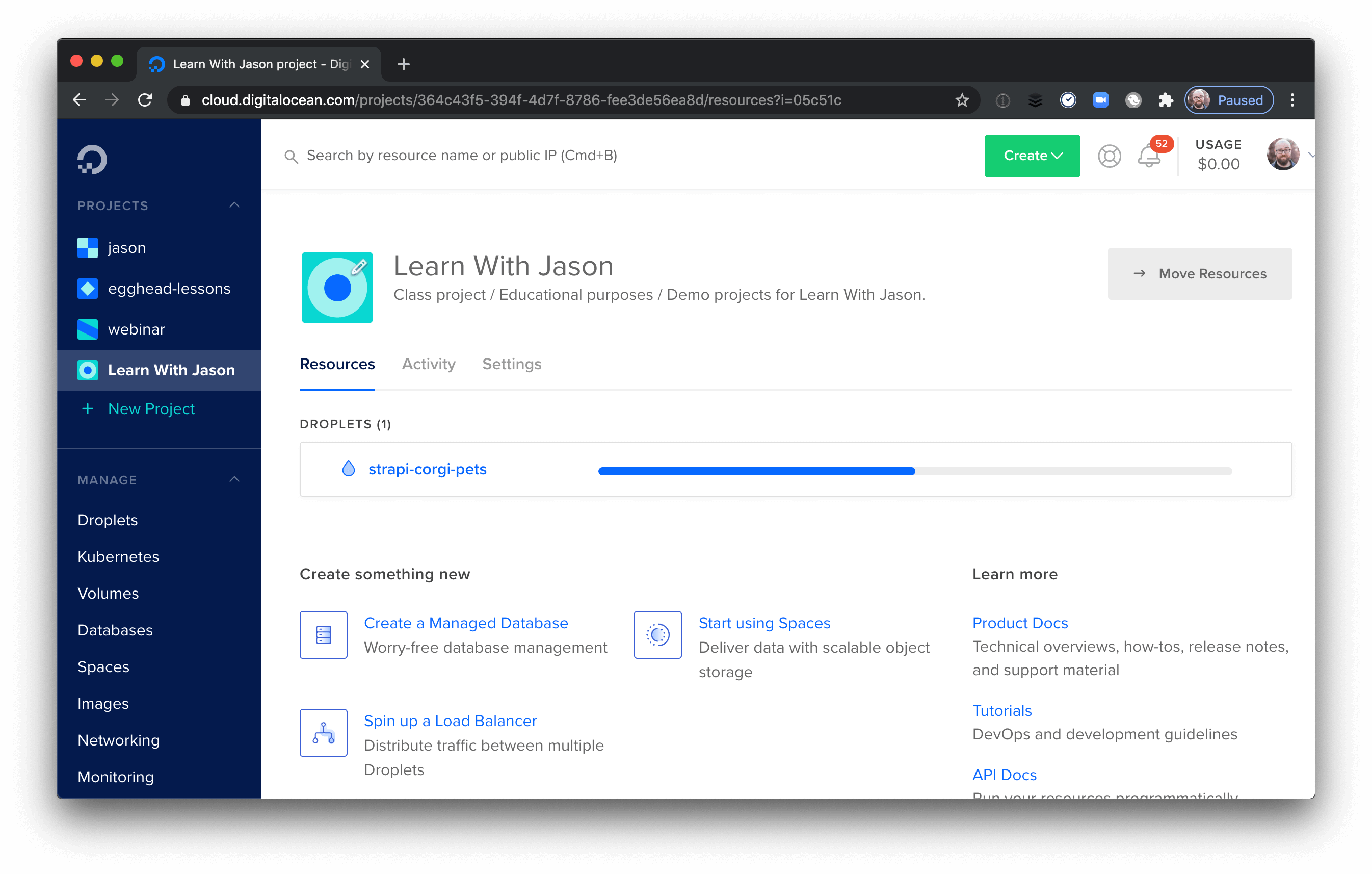 Creation progress bar for a Strapi Droplet on DigitalOcean.