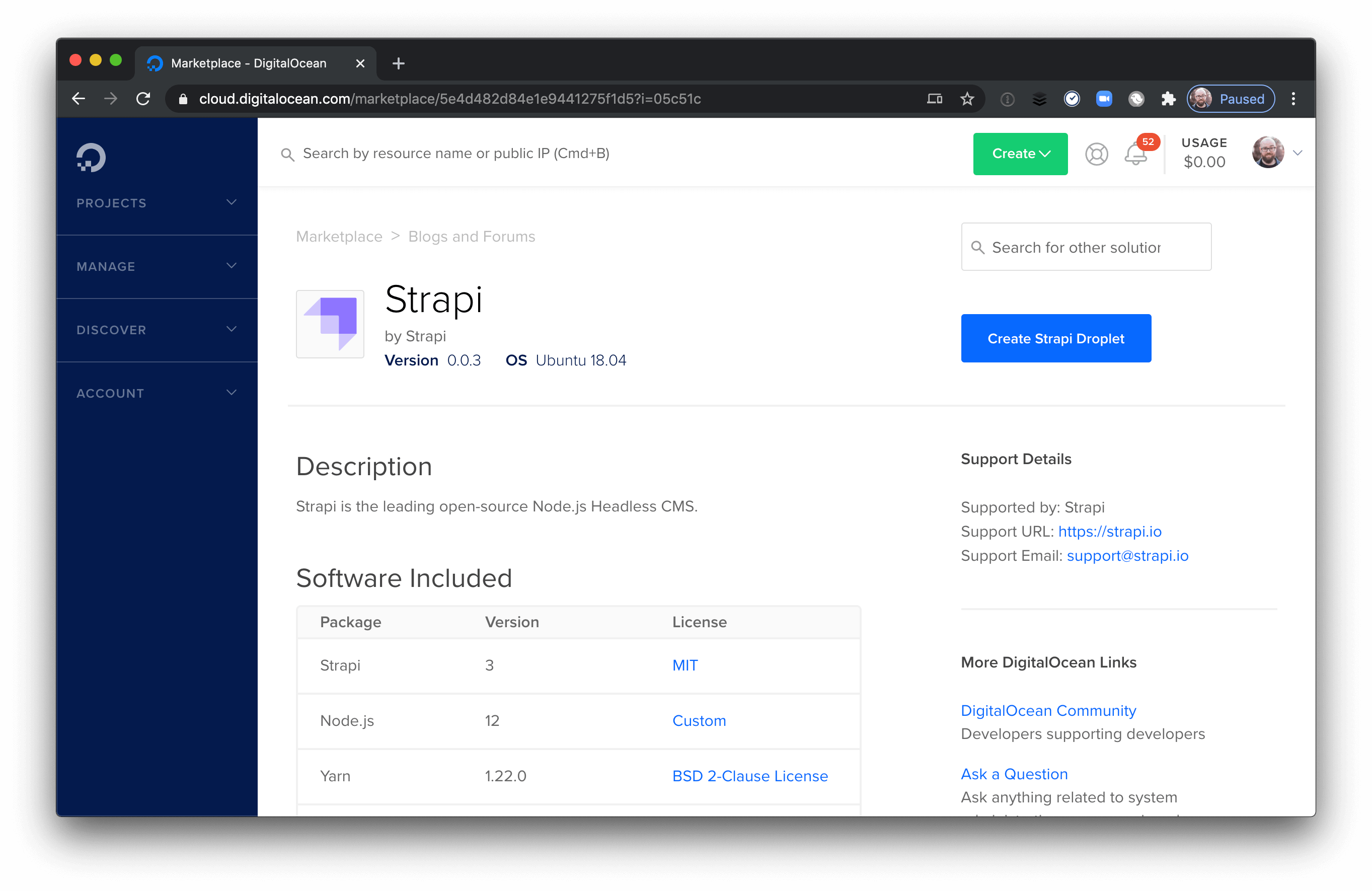 Strapi in the DigitalOcean Marketplace