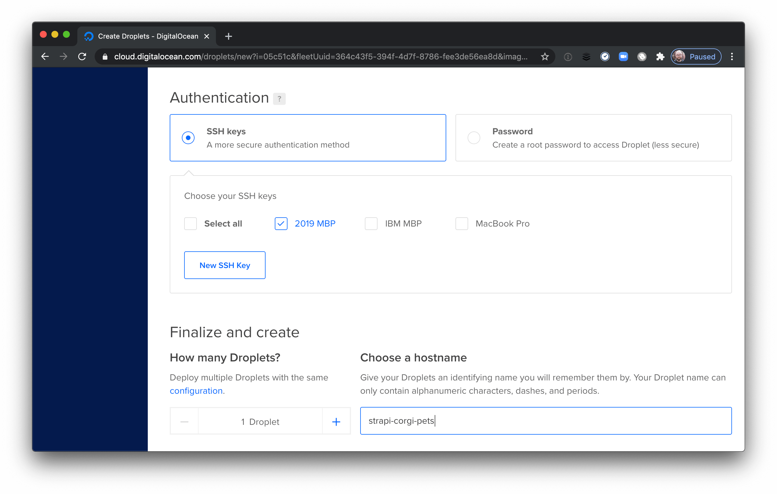 Set SSH keys and a Droplet name for Strapi on DigitalOcean.