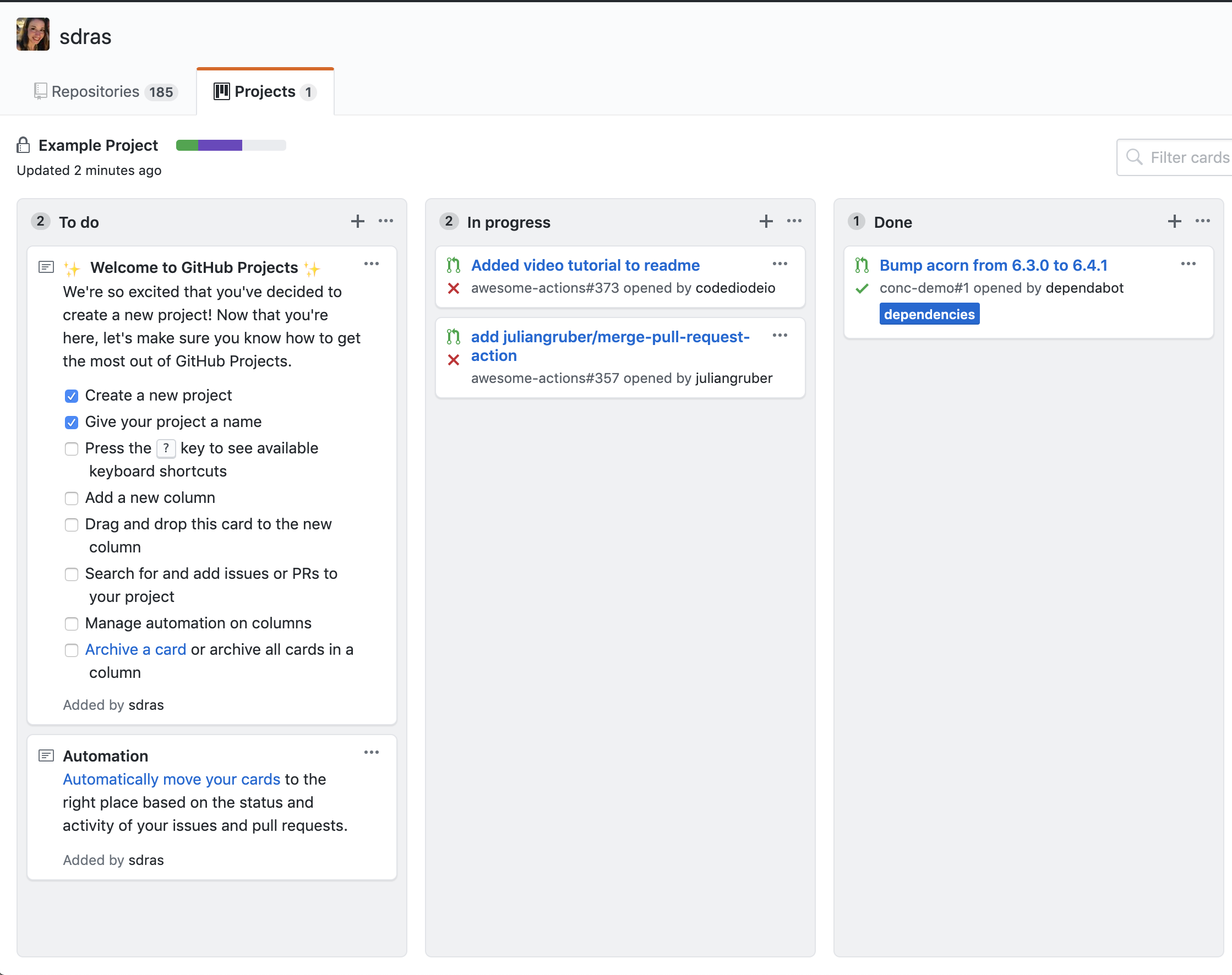 Example GitHub Board, you can add in issues as well as notes.