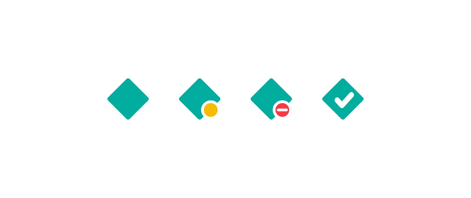 4 versions of the favicon: 1. A simplified version of the Netlify logo – a teal square rotated 45 degrees. 2. Simplified logo with a yellow circle. 3. Simplified logo with a red circle with a white line through it. 4. Simplified logo with a checkmark.