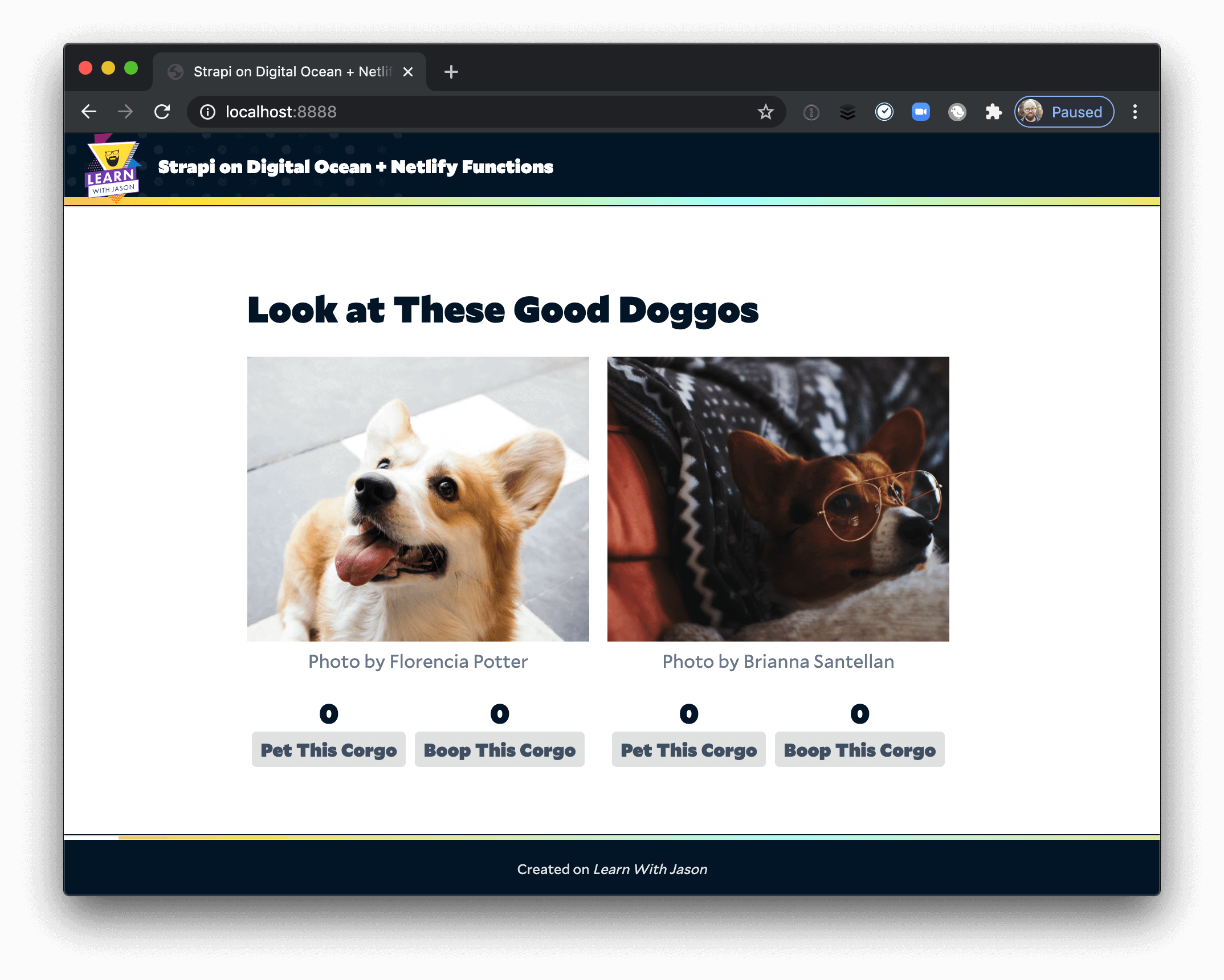 Corgi images displaying in the front-end with reaction counts and buttons.