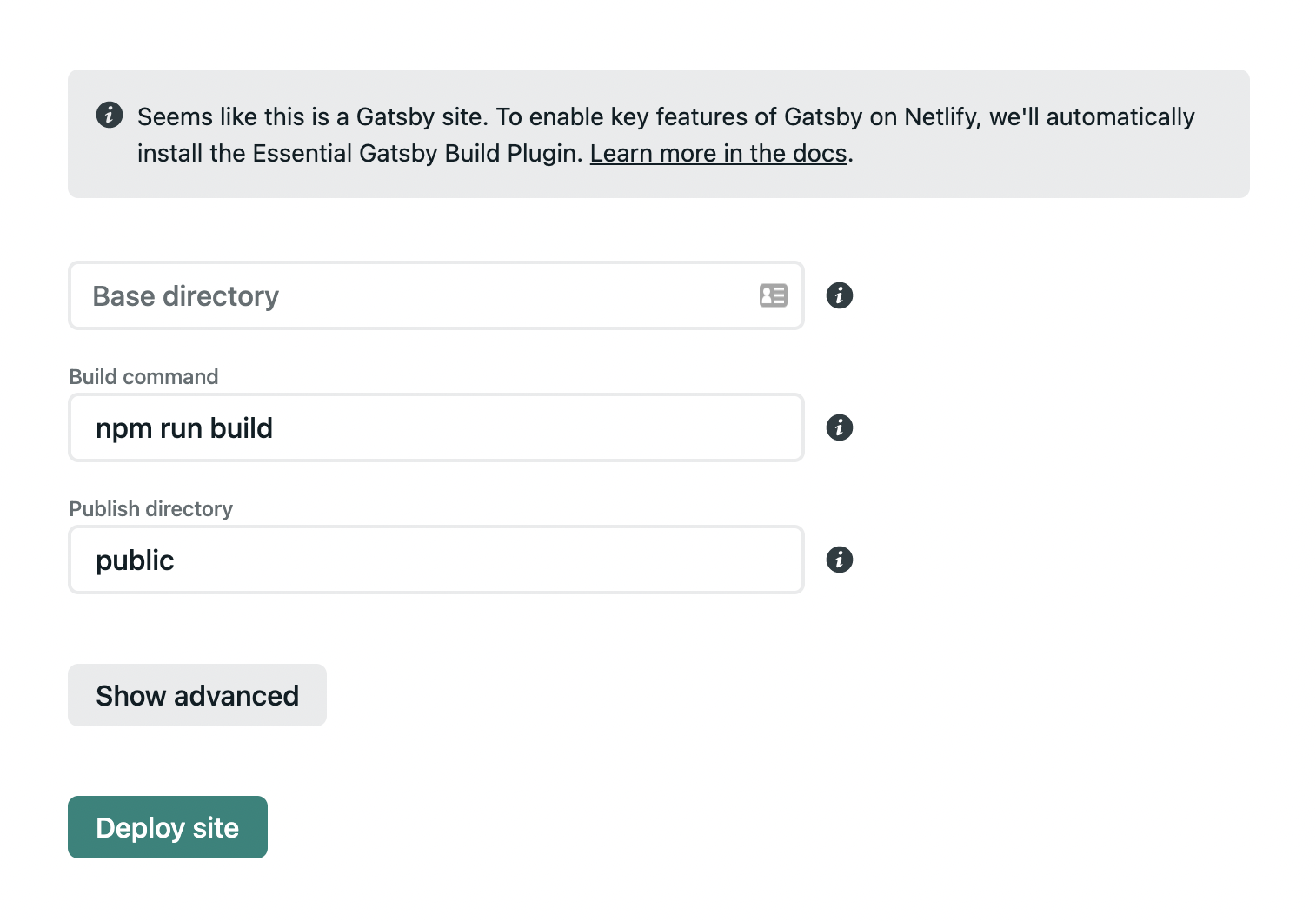 Screenshot of Netlify app reads: Seems like this is a Gatsby site. To enable key features of Gatsby on Netlify, we'll automatically install the Essential Gatsby Build Plugin. 