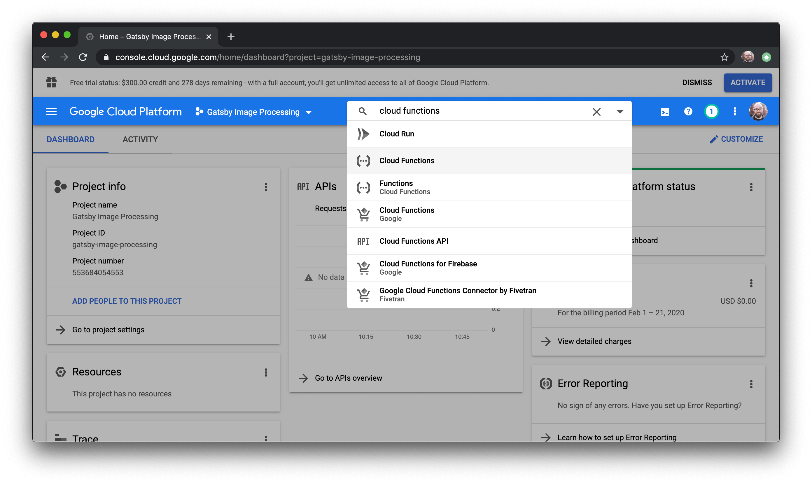 Cloud Functions selected in the dropdown.