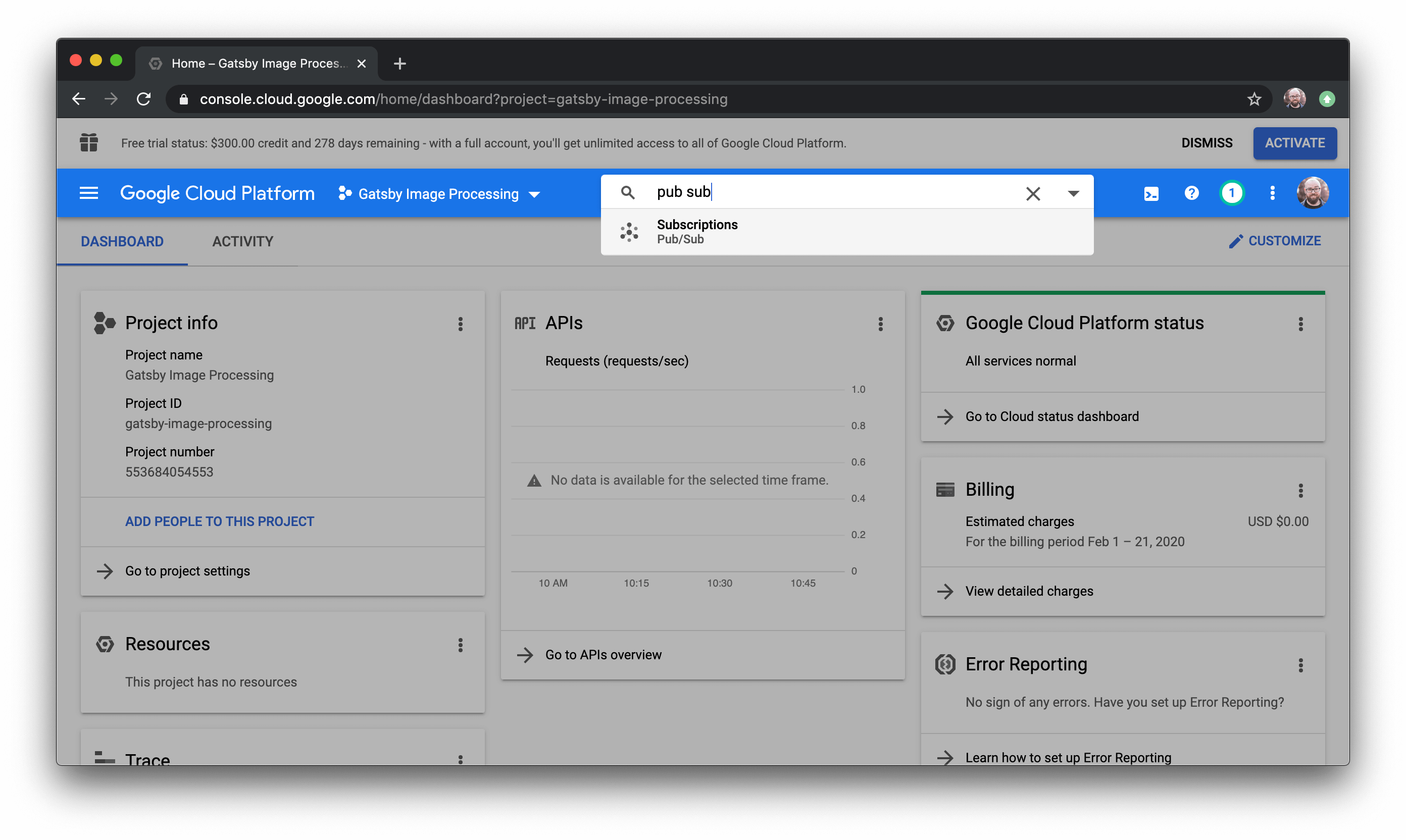 Google Cloud Pub/Sub selected in the search dropdown.