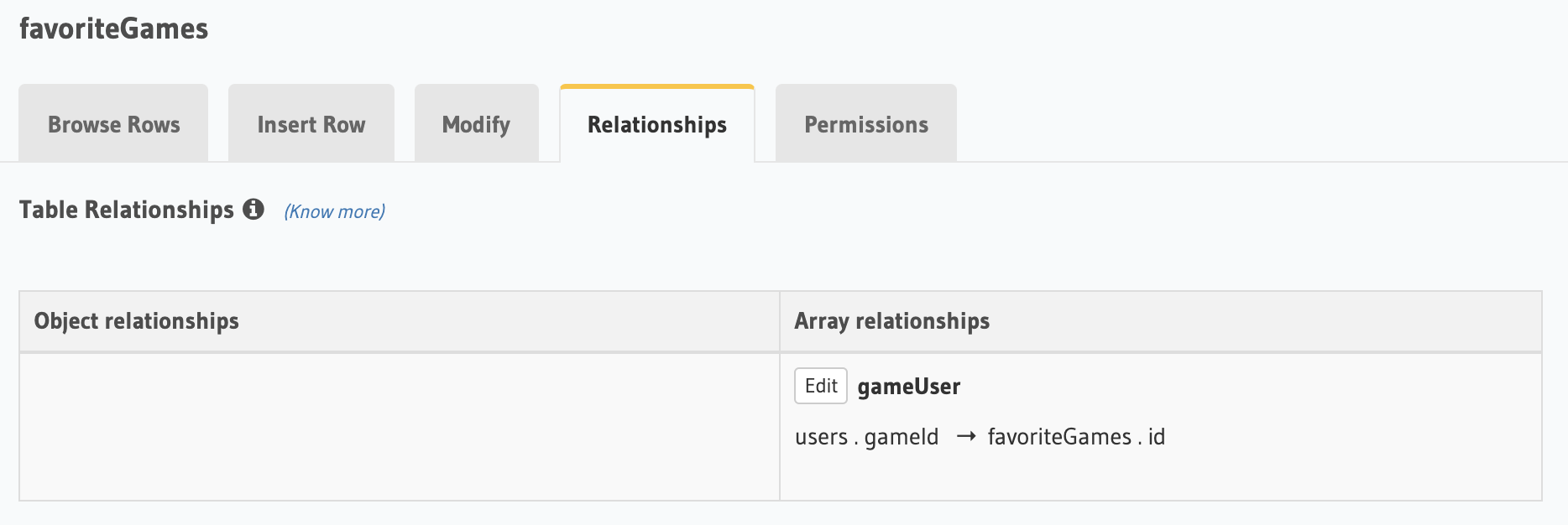 Screenshot of Hasura SQL gameUser array relationships