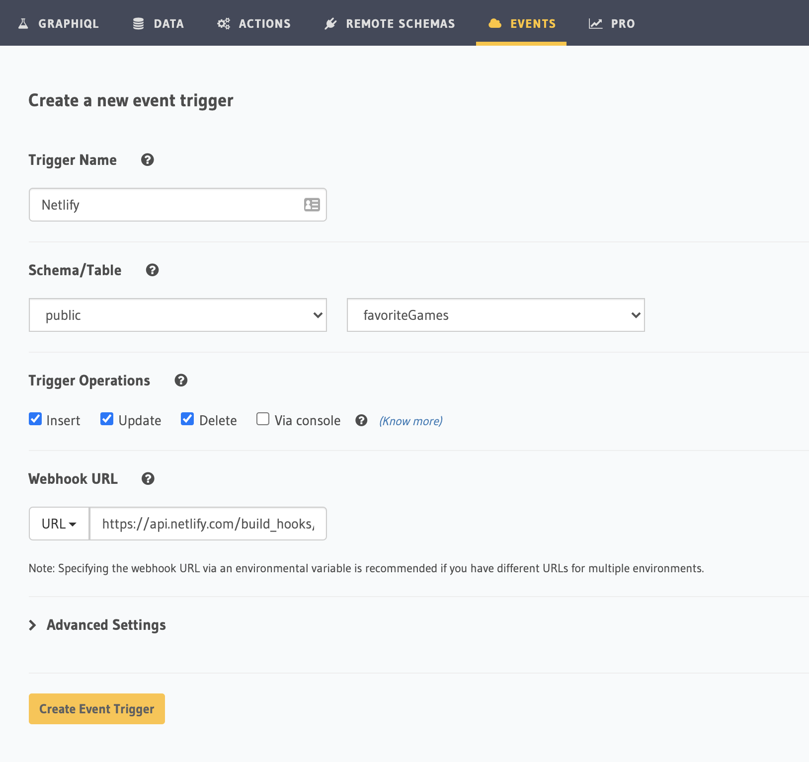 Hasura dashboard event trigger with webhook link