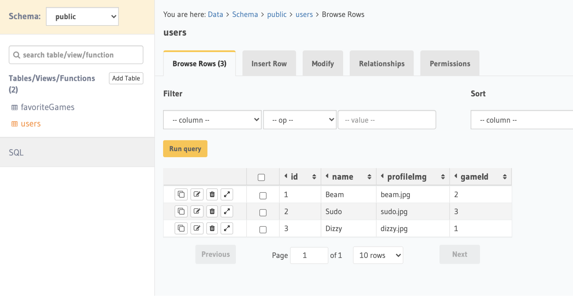 Screenshot of Hasura's dashboard where we are browing the users table and seeing the first three rows of data